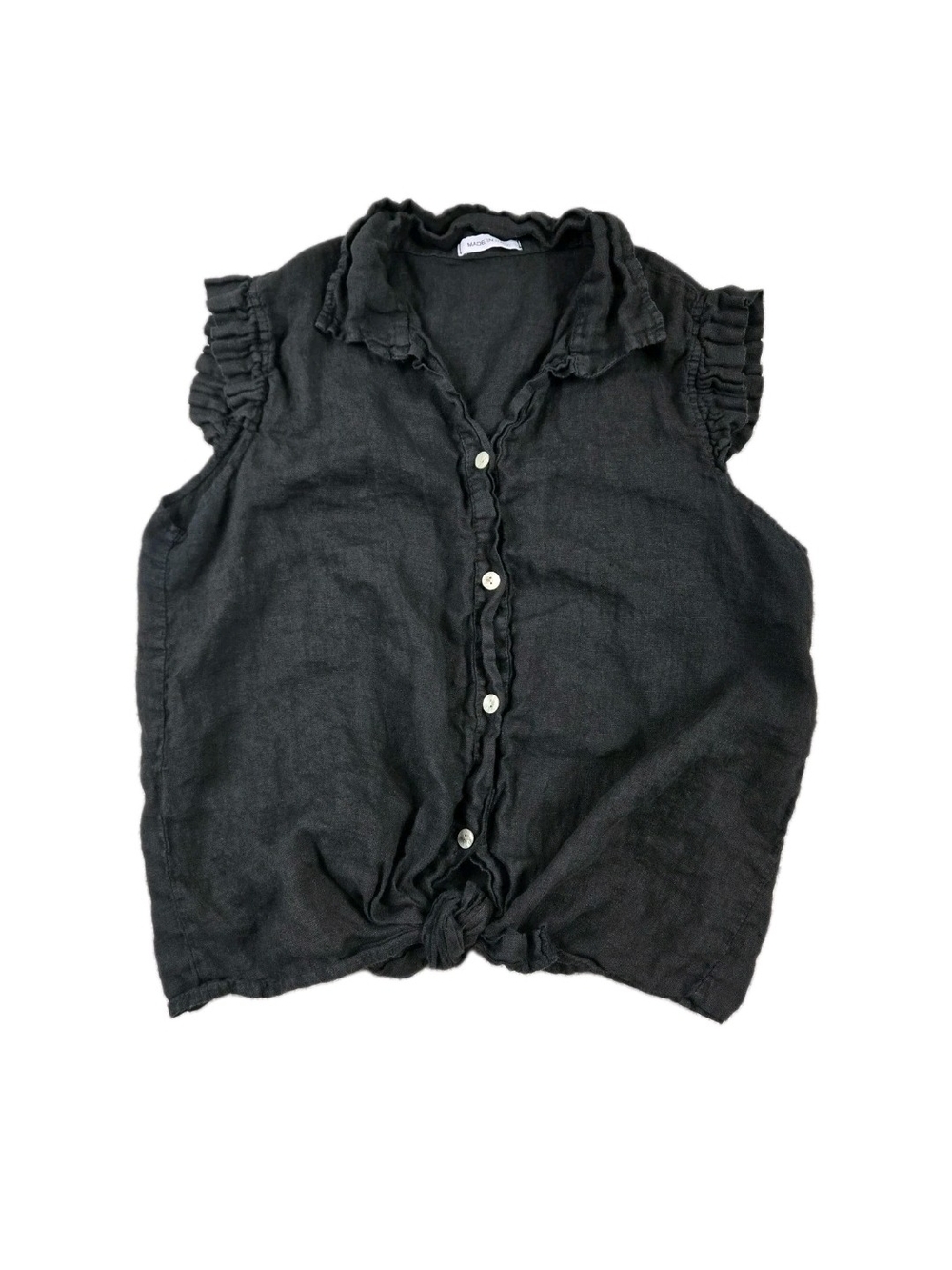 Italy Linen Top Black Women M/L Button Up Tie Front Collared Short Ruffle Sleeve